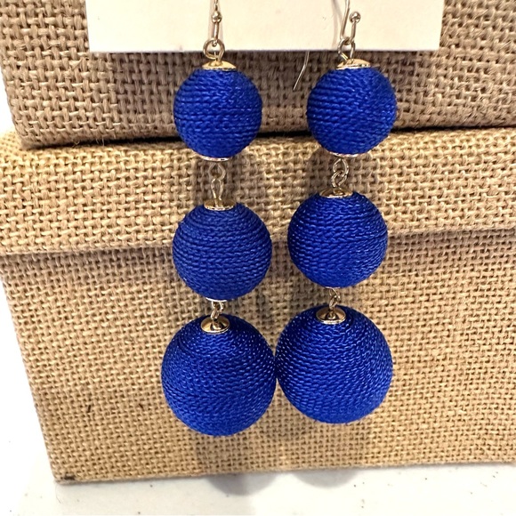 NWT Club Monaco Earrings- triple royal blue fabric baubles, gold tone - Picture 4 of 6